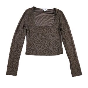 Sheer Long Sleeve Brown Velvet Burnout Top Square Neck Animal Print Fairy Grunge
